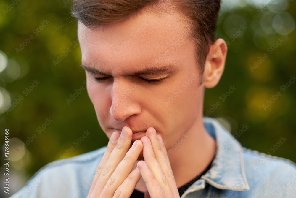 Man with headache, migraine or stress. Help, troubles in communication, overworking concept