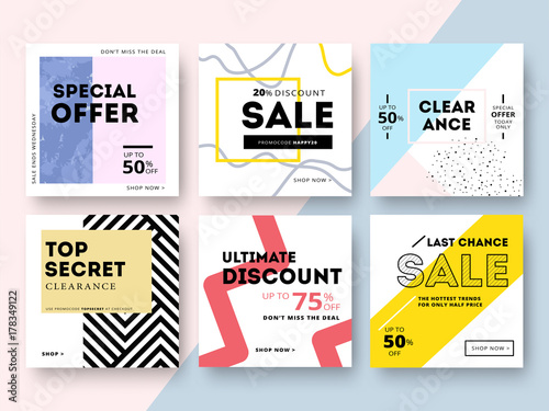 Modern promotion square web banner for social media mobile apps. Elegant sale and discount promo backgrounds with abstract pattern. Email ad newsletter layouts.