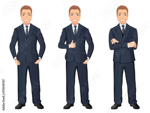 Business man in dark blue suit in different poses. Confident handsome man, full length, dress code. Flat design, vector cartoon illustration