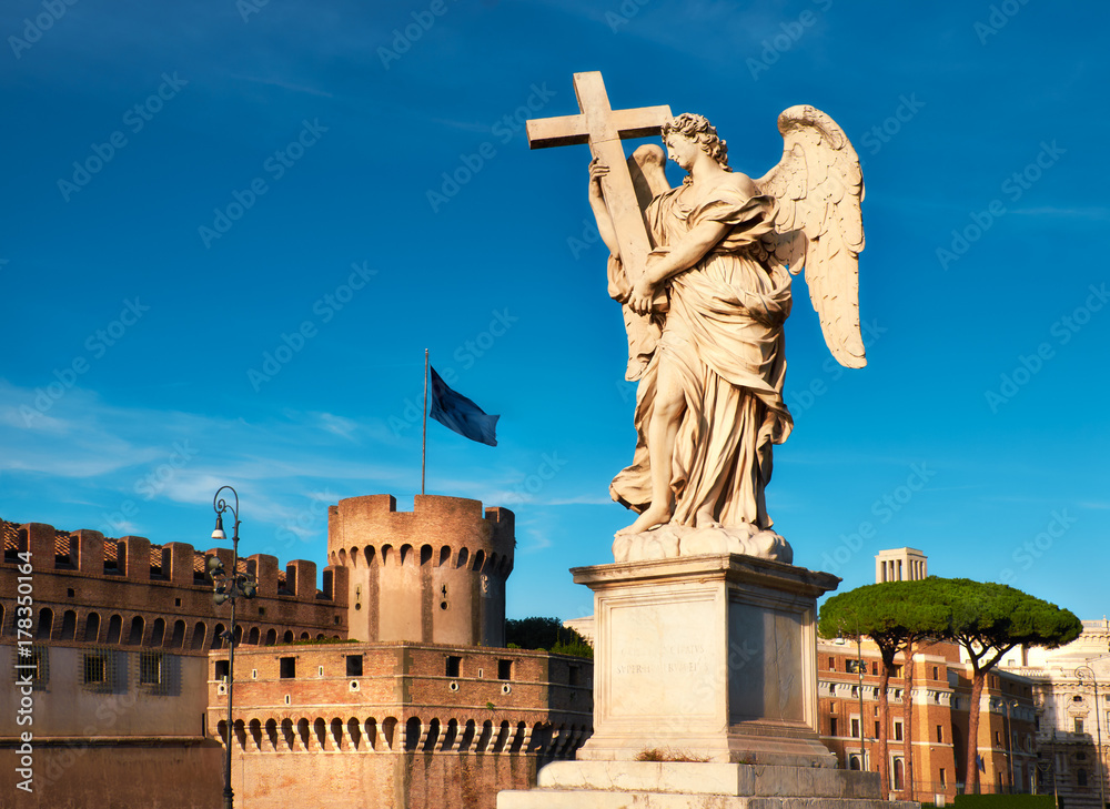 Obraz premium Statue of an angel on Sant Angelo Bridge in Rome, Italy, panoramic image