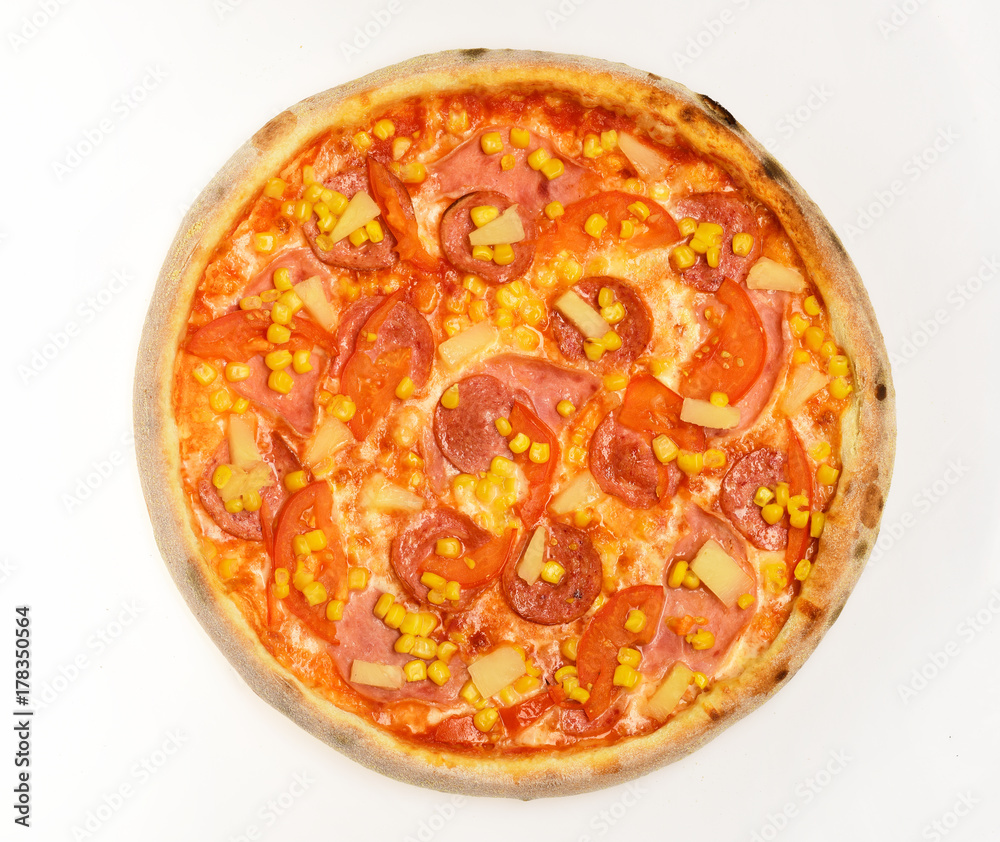 Pepperoni or Hawaiian pizza with pineapple bits. Italian cuisine Pepperoni or Hawaiian pizza with pineapple bits. Italian cuisine