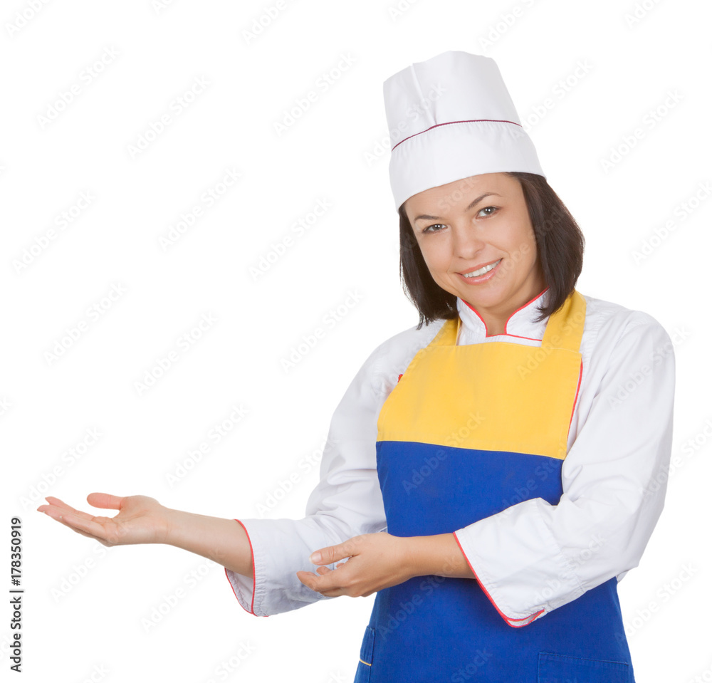 Beautiful Young Woman Chef Points to Copy Space for Yours Design as She Presents Something Beautiful Young Woman Chef Points to Copy Space for Yours Design as She Presents Something