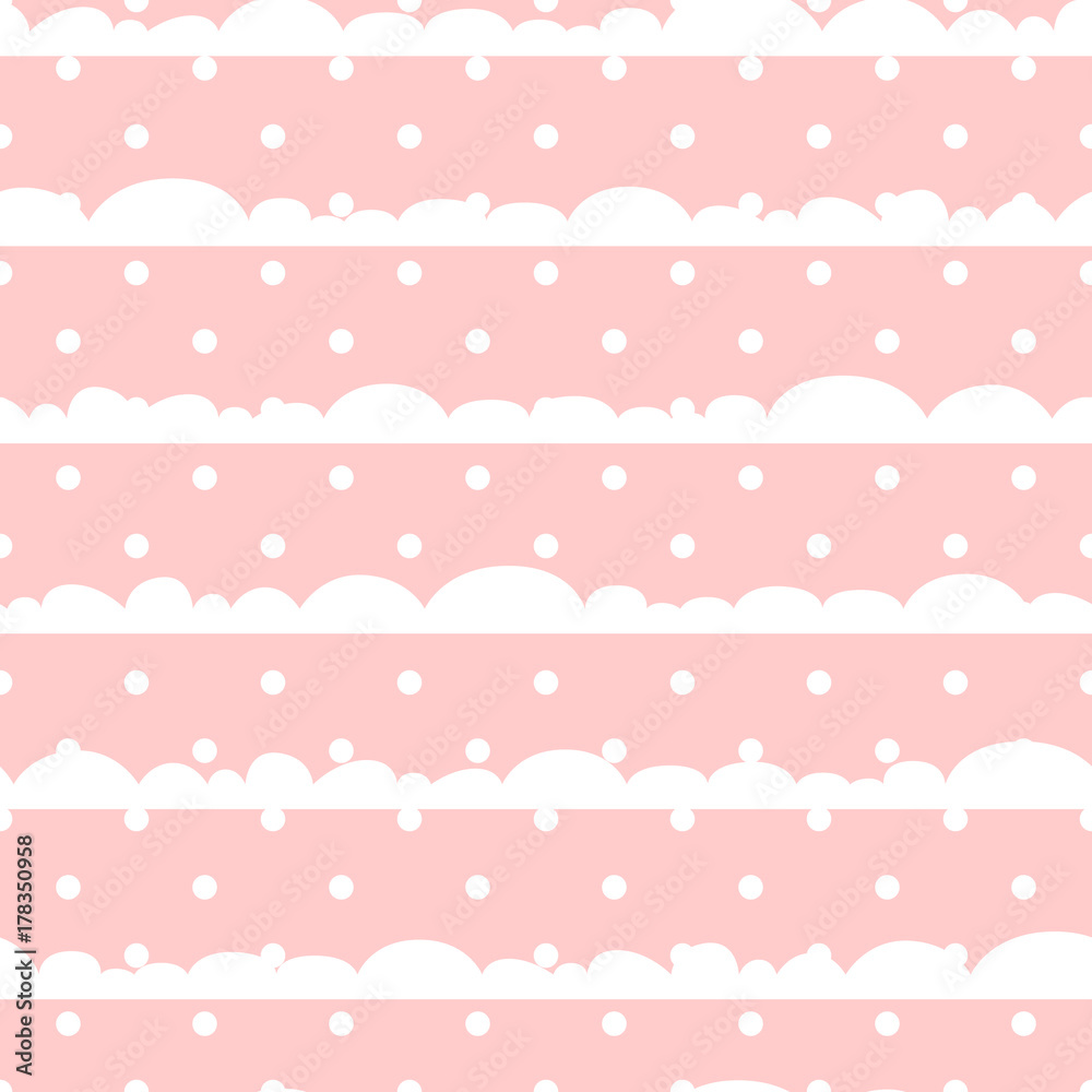 Pink and white polka dot clouds baby seamless vector pattern. Cute kid repeat background for fabric textile, muslin blanket and wallpaper design. Pink and white polka dot clouds baby seamless vector pattern. Cute kid repeat background for fabric textile, muslin blanket and wallpaper design.