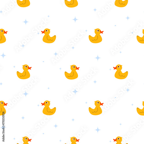 Cute ducks float on pond white seamless vector pattern. Cute kid cartoon repeat background for fabric textile, muslin blanket and wallpaper design.