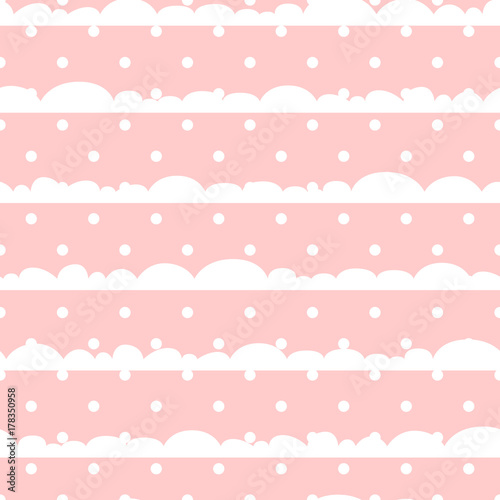 Pink and white polka dot clouds baby seamless vector pattern. Cute kid repeat background for fabric textile, muslin blanket and wallpaper design.