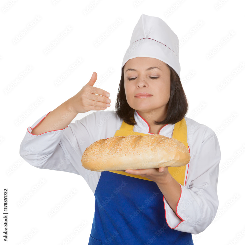 Beautiful Young Woman Baker Holding Fresh Bread in Her Hands Beautiful Young Woman Baker Holding Fresh Bread in Her Hands