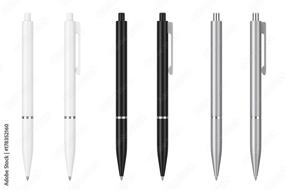 White, Black and Metal Mockup Ballpoint Pens with Blank Space for Yours Logo or Design. 3d Rendering White, Black and Metal Mockup Ballpoint Pens with Blank Space for Yours Logo or Design. 3d Rendering