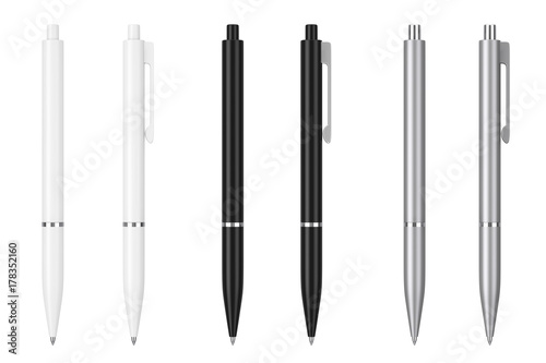 White, Black and Metal Mockup Ballpoint Pens with Blank Space for Yours Logo or Design. 3d Rendering photo