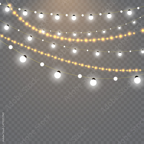 Christmas lights isolated on transparent background. Set of golden xmas glowing garland. Vector illustration