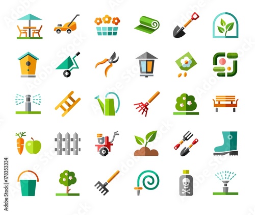 Landscape design, icons, colored, vector. Arrangement of land. Equipment for horticulture. Colored flat icons with a 3D effect on a white background. 