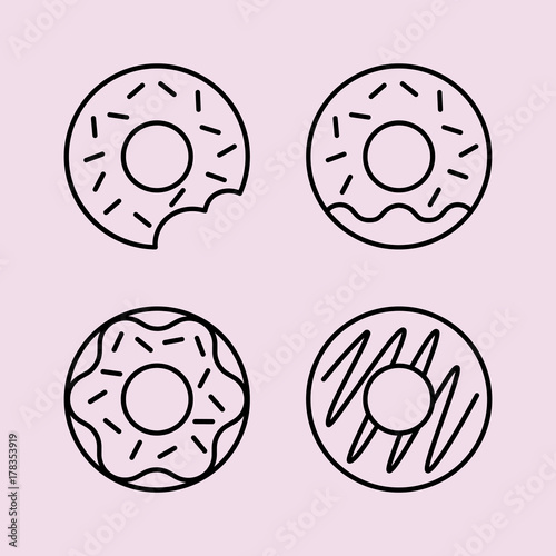 round glazed donuts line black icons set