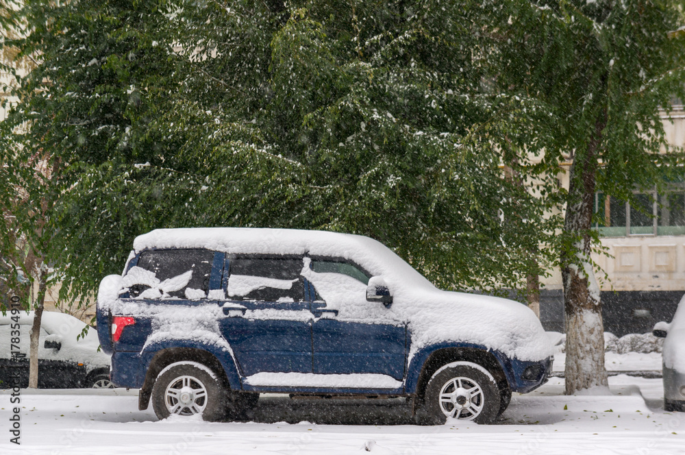 The snow-covered car stands under the green trees during the snowfall. Weather Surprises