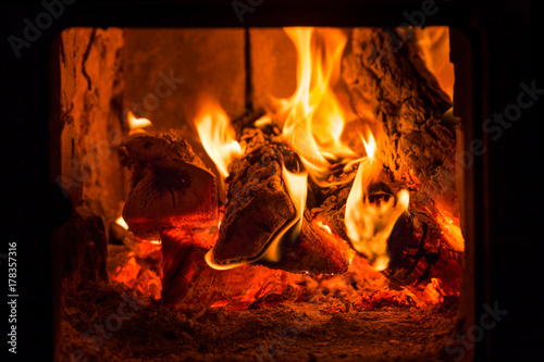 Fire and coals in fireplace furnace