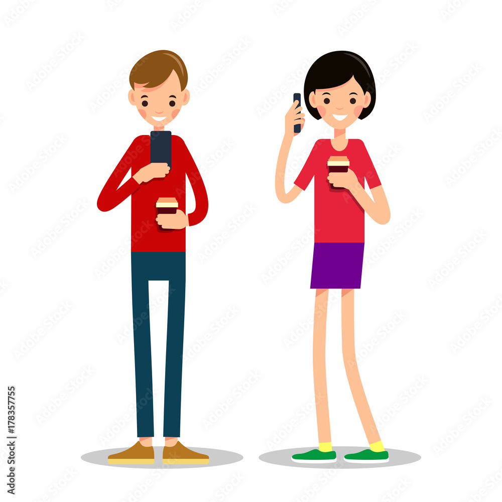 Man and woman stand, drink coffee and talking on phone