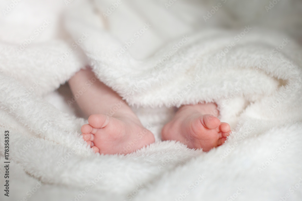 two small baby legs. Baby in a towel. two small baby legs. Baby in a towel.