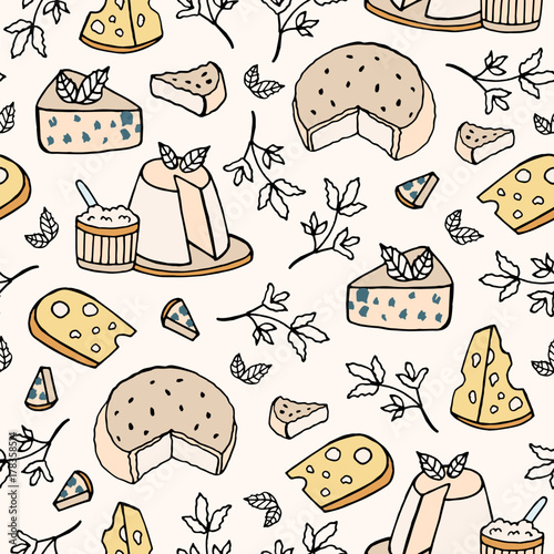Seamless pattern with cheese of different types - ricotta, camembert, gorgonzola maasdam
