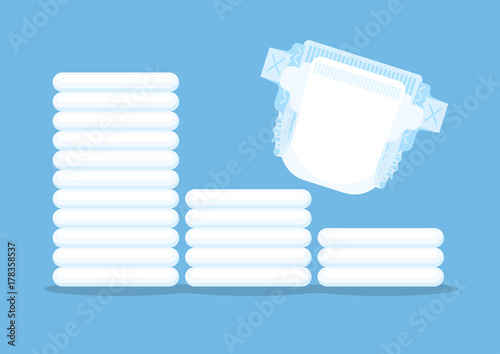 Diaper and stack of diapers on blue background Poster Mural XXL
