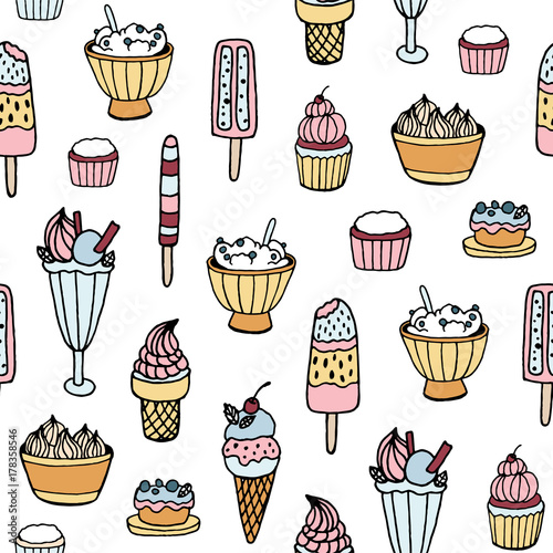 Colorful seamless pattern with delicious ice cream and milky desserts of diff...