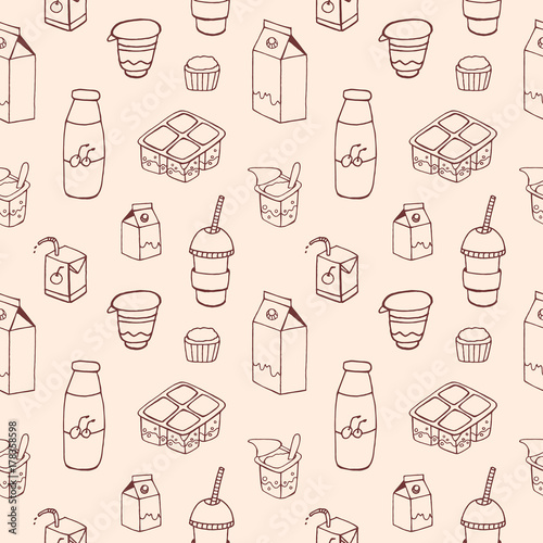 Monochrome seamless pattern with dairy products drawn with contour lines on l...