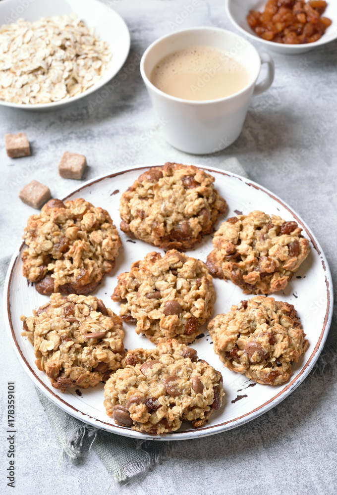 Breakfast with oatmeal cookies and coffee Breakfast with oatmeal cookies and coffee