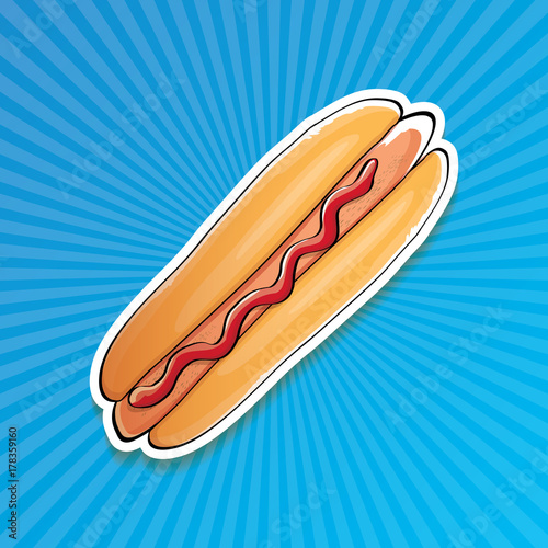 vector cartoon american hotdog sticker on blue background. Vintage hot dog poster or icon design element collection.
