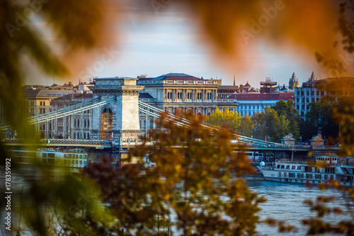Fototapeta Naklejka Na Ścianę i Meble -  Budapest, Hungary - The famous Szechenyi Chain Bridge in the morning with autumn foliage