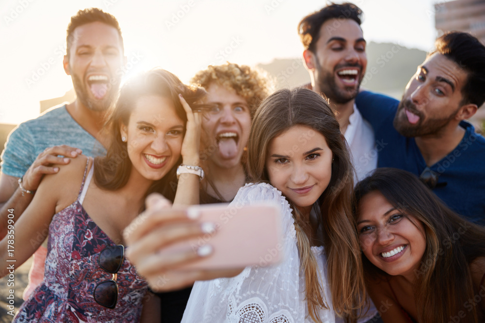 Obraz premium Grupa przyjaciół biorąc selfie razem zabawy