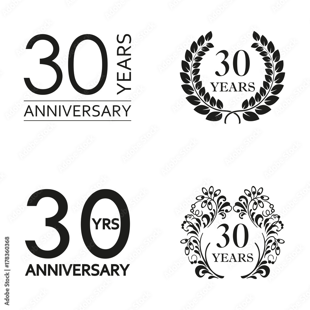 30 years anniversary set. Anniversary icon emblem or label collection. 30 years celebration and congratulation decoration element. Vector illustration.