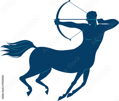 Blue silhouette of a centaur shooting arrow from a bow, EPS 8 vector illustration