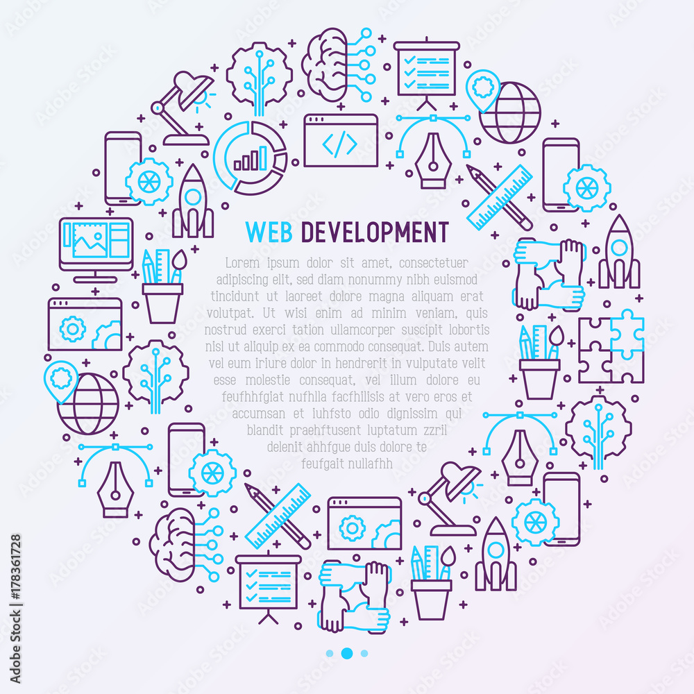 Web development concept in circle with thin line icons of programming, graphic design, mobile app, strategy, artificial intelligence, optimization, analytics. Vector illustration for web page. Web development concept in circle with thin line icons of programming, graphic design, mobile app, strategy, artificial intelligence, optimization, analytics. Vector illustration for web page.