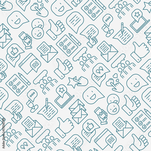 Testimonials and quote seamless pattern with thin line icons of review, feedback, survey, comment. Vector illustration for banner, web page, print media.