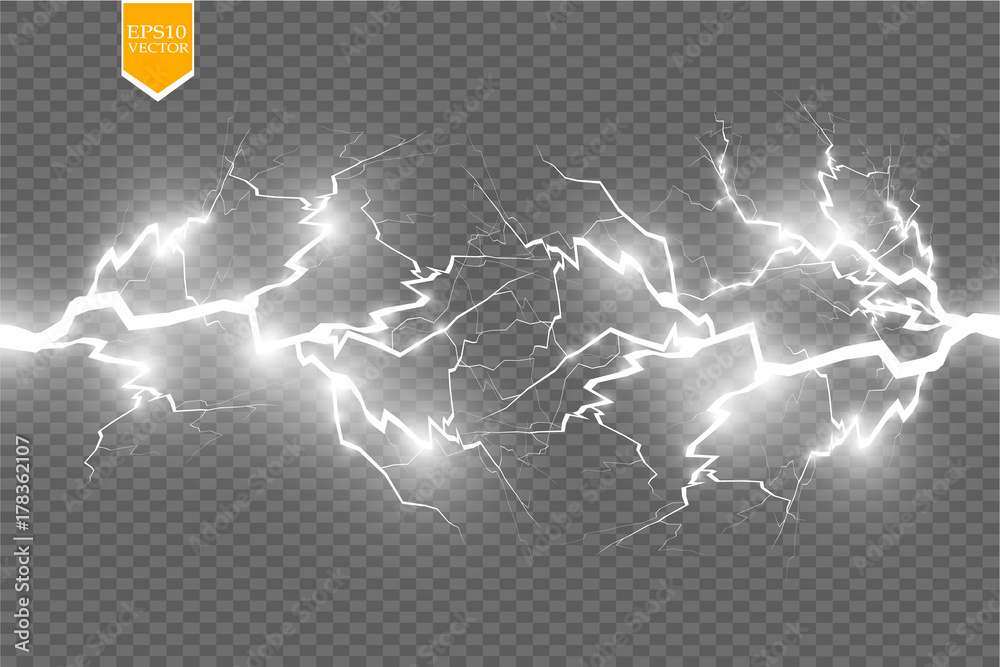 Set of lightnings. Thunder-storm and lightnings. Magic and bright lighting effects. Set of lightnings. Thunder-storm and lightnings. Magic and bright lighting effects.