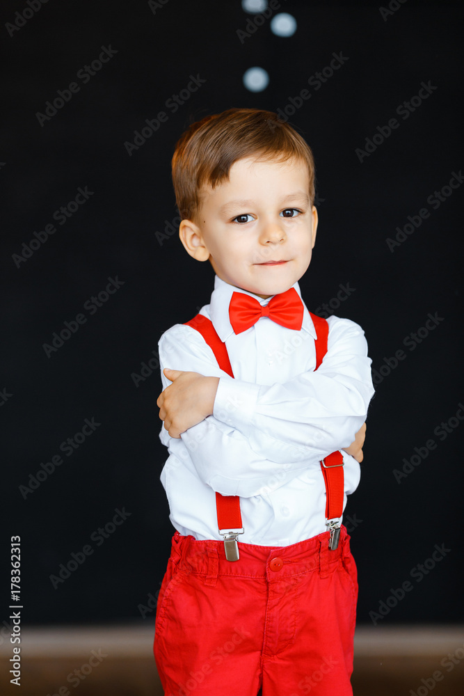 Half-Length Portrait Of Little Three Years Boy In White Shirt, Red Pants  And Bow-Tie
