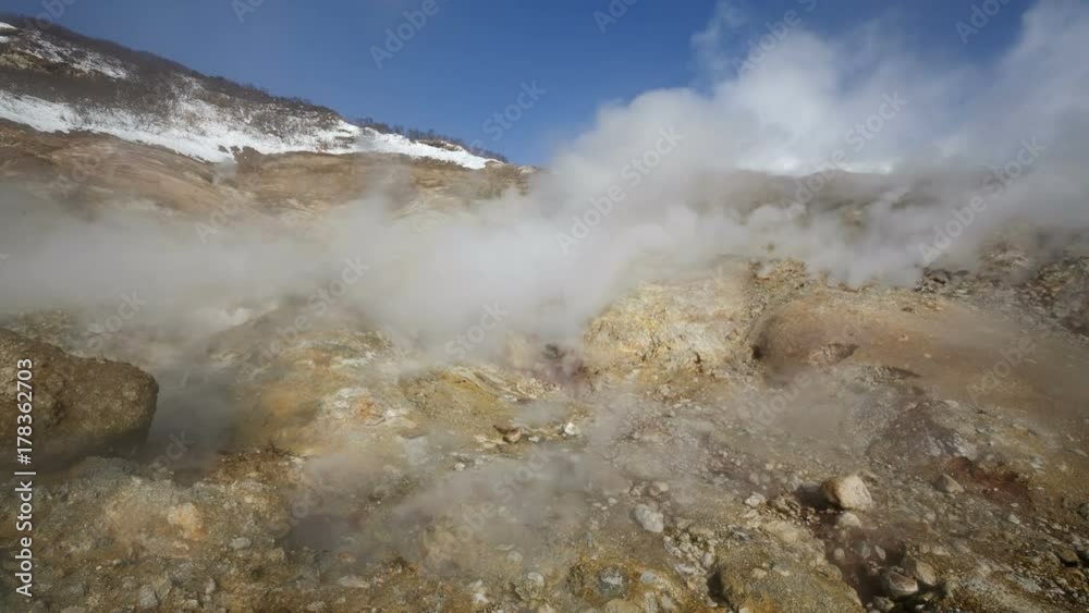 Nature of Kamchatka Peninsula - Dachnye Hot Springs at active Mutnovsky Volcano: geothermal field, activity of natural volcanic sulfur hot springs erupting from fumaroles clouds of hot gas, steam. Nature of Kamchatka Peninsula - Dachnye Hot Springs at active Mutnovsky Volcano: geothermal field, activity of natural volcanic sulfur hot springs erupting from fumaroles clouds of hot gas, steam.