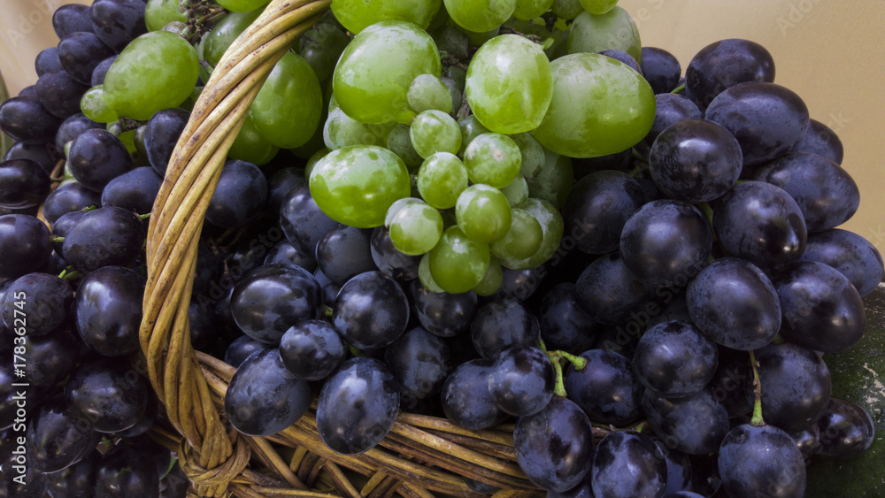 Basket of grapes and vine with green leaves Basket of grapes and vine with green leaves