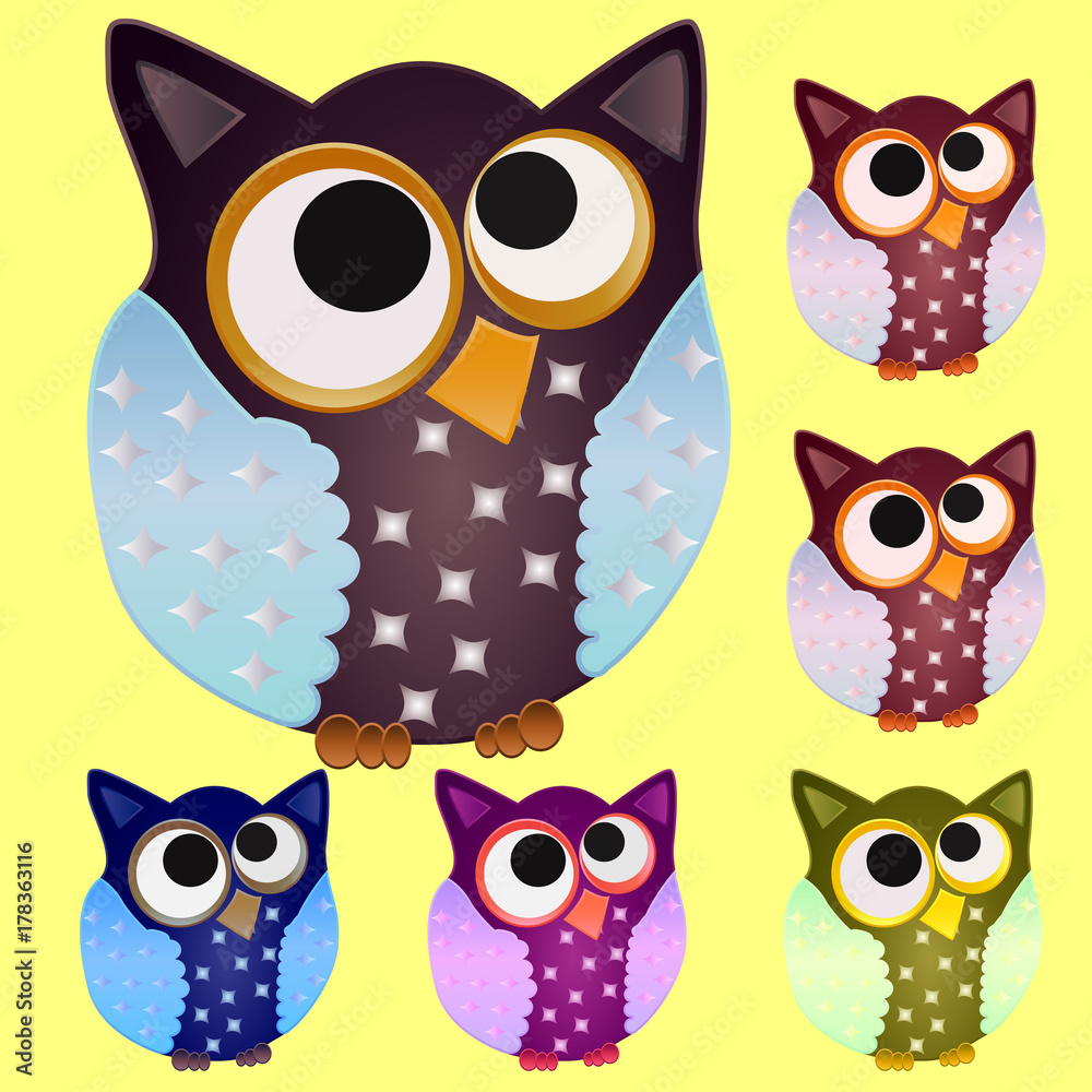 Set of six Brown owl with blue wings in stars and eyes centered on the center Set of six Brown owl with blue wings in stars and eyes centered on the center