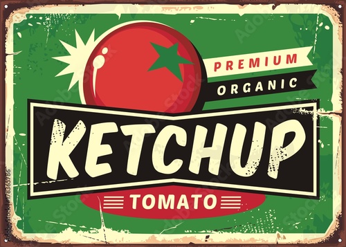 Canvas Print Ketchup retro sign with juicy tomato on green background