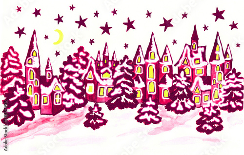 Winter landscape with houses in pink colours