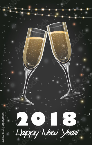 2018 Happy New Year greeting cards with two champagne glasses and decorations, vector illustration