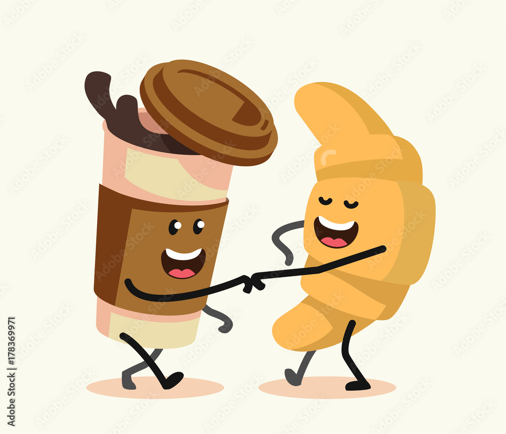 Funny cartoon characters coffee and croissant. Stock Vector | Adobe Stock