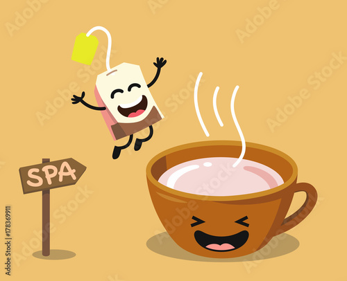 Cute cartoon cup of tea with happy tea bag