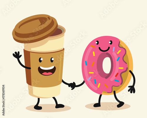 Funny cartoon characters coffee and donut.