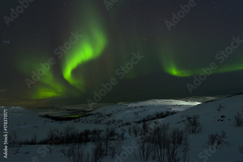 Night winter  landscape  hills tundra  and in the sky the stars  Aurora.