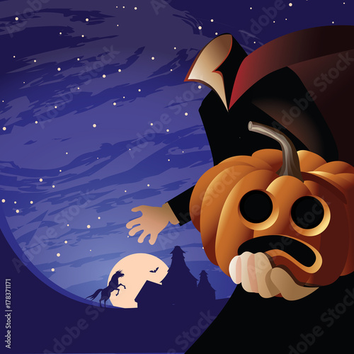 Happy Halloween Headless Horseman with rearing horse, creepy house. EPS 10 vector.