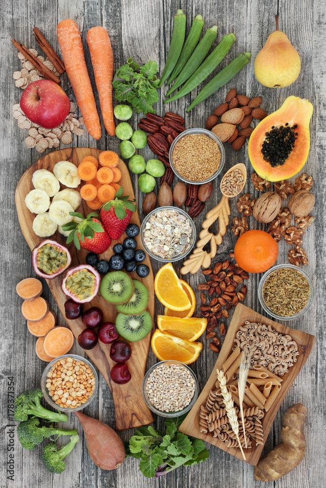 Health food concept for a high fibre diet with fruit, vegetables