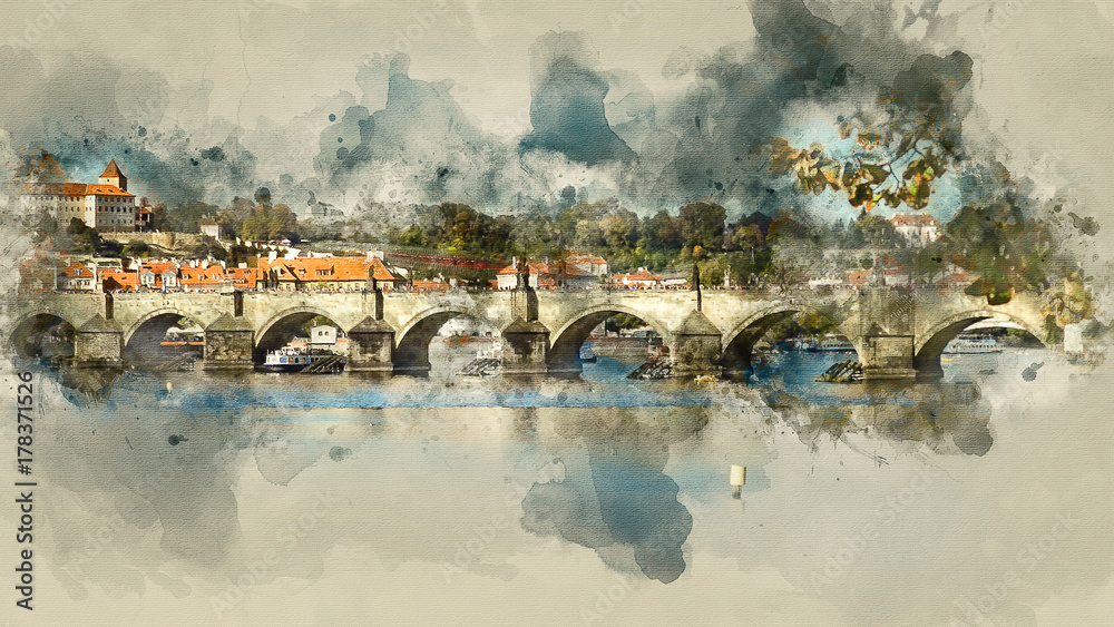 Prague Bridge. Architecture and landmark of Prague. Watercolor background