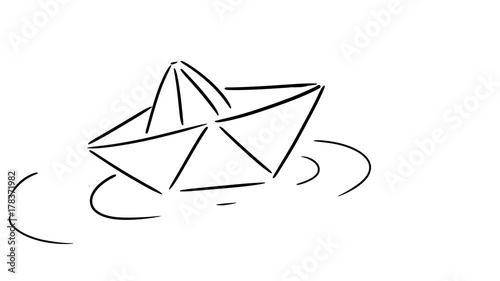 Cartoon paper boat floating in some water. Hand drawn animation.