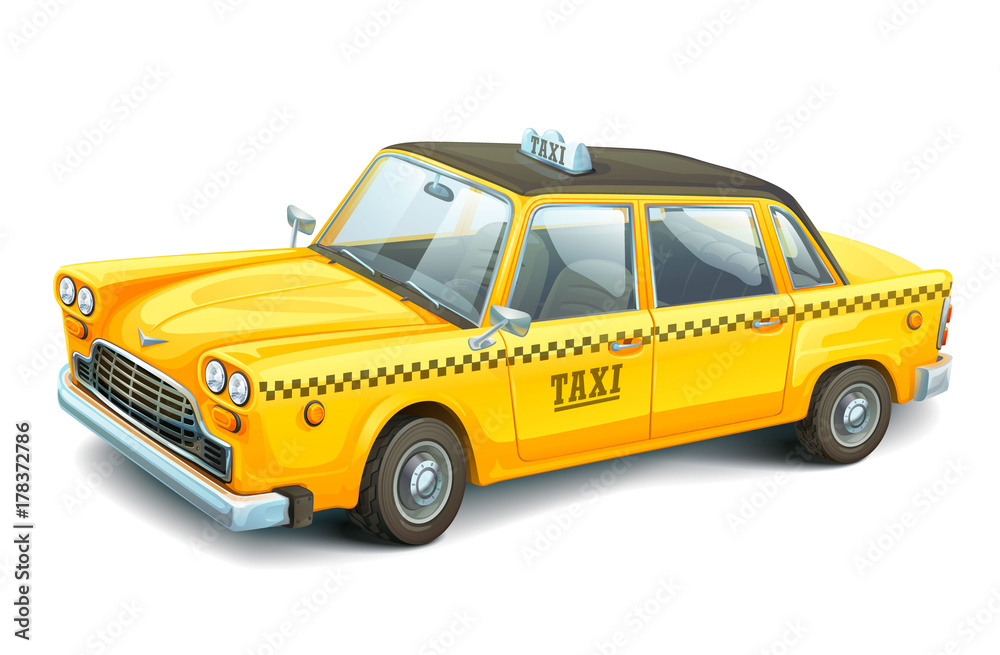 Yellow urban taxi cab isolated on white background. High detailed vector car. Taxi service. City transport.