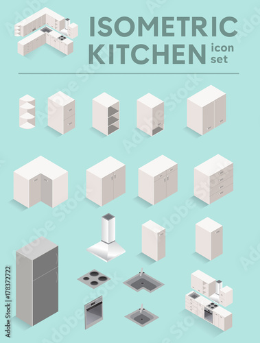 Vector isometric kitchen set. White kitchen furniture icons. 3D Flat kitchen furniture and major kitchen appliances.