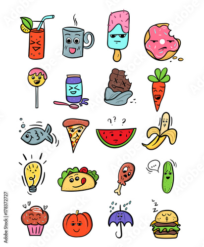 kawaii food set. Fastfood cartoon illustrations. Hand drawn doodles with emotions. Vector illustration.